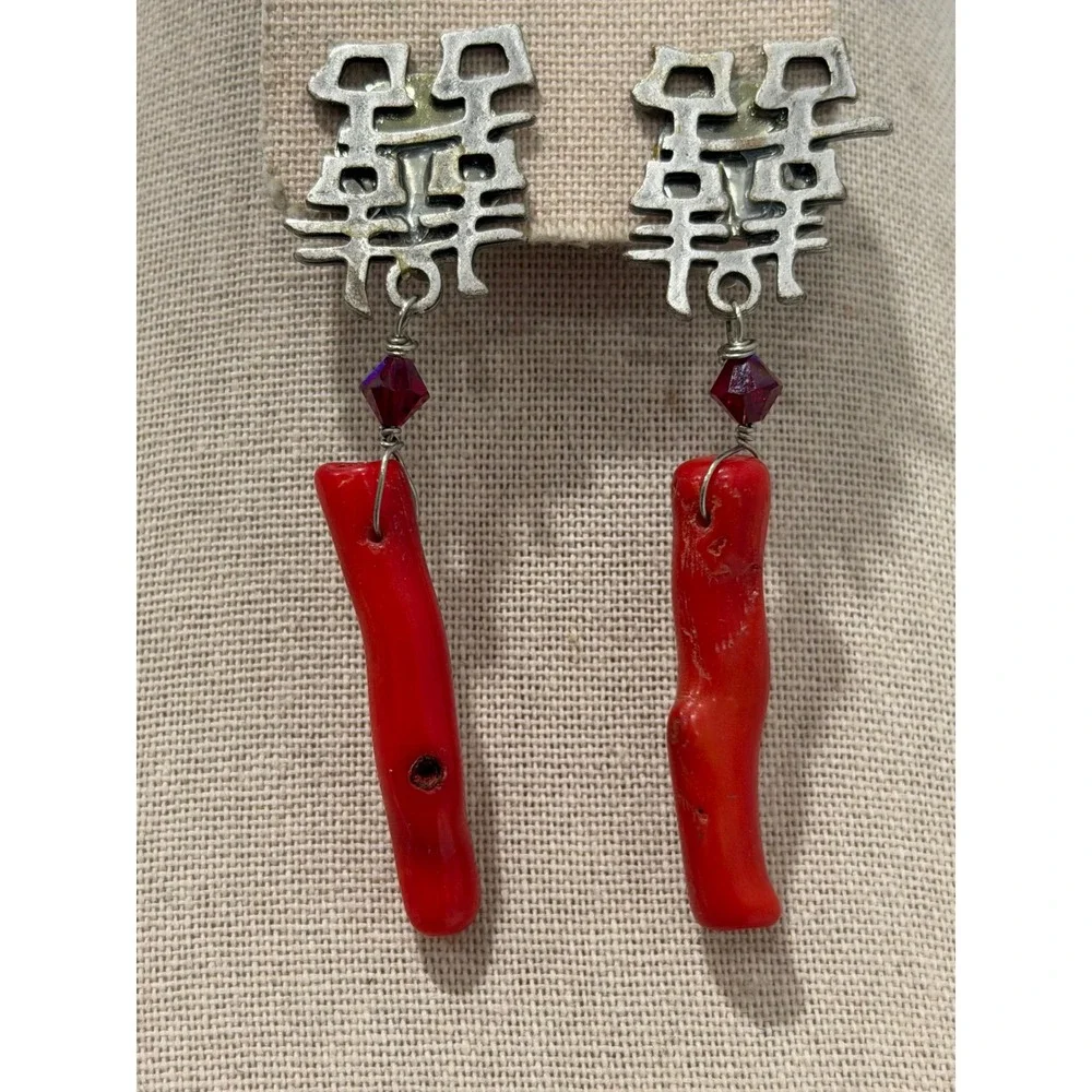 Double Happiness Earrings  Silver Tone Red Imitation Coral Clip On Dangle Drop